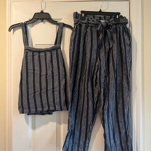 LOFT Blue and White Linen Striped Jumpsuit with Relaxed Fit